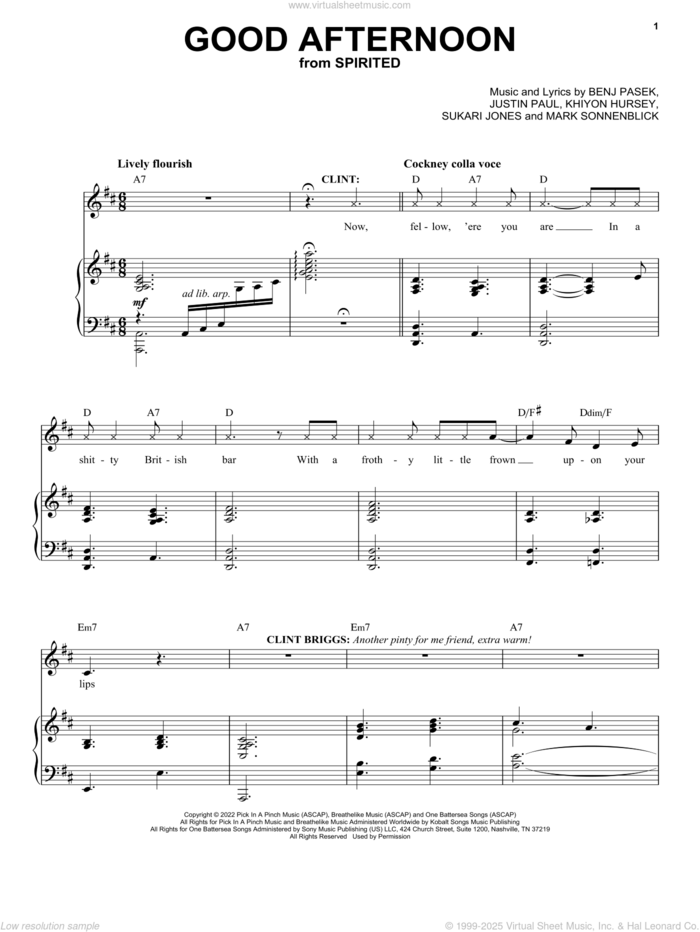 Good Afternoon (from Spirited) sheet music for voice and piano by Pasek & Paul, Benj Pasek, Justin Paul, Khiyon Hursey, Mark Sonnenblick and Sukari Jones, intermediate skill level