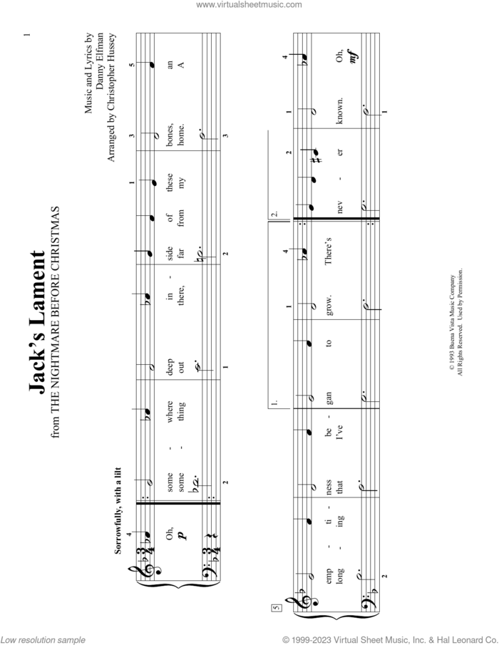 Jack's Lament (arr. Christopher Hussey) sheet music for piano solo (elementary) by Danny Elfman and Christopher Hussey, beginner piano (elementary)