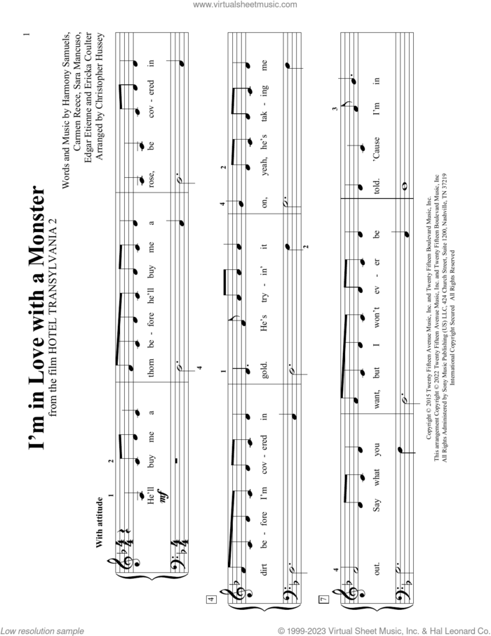 I'm In Love With A Monster (arr. Christopher Hussey) sheet music for piano solo (elementary) by Carmen Reece, Christopher Hussey, Edgar Etienne, Ericka Coulter, Harmony Samuels and Sara Mancuso, beginner piano (elementary)