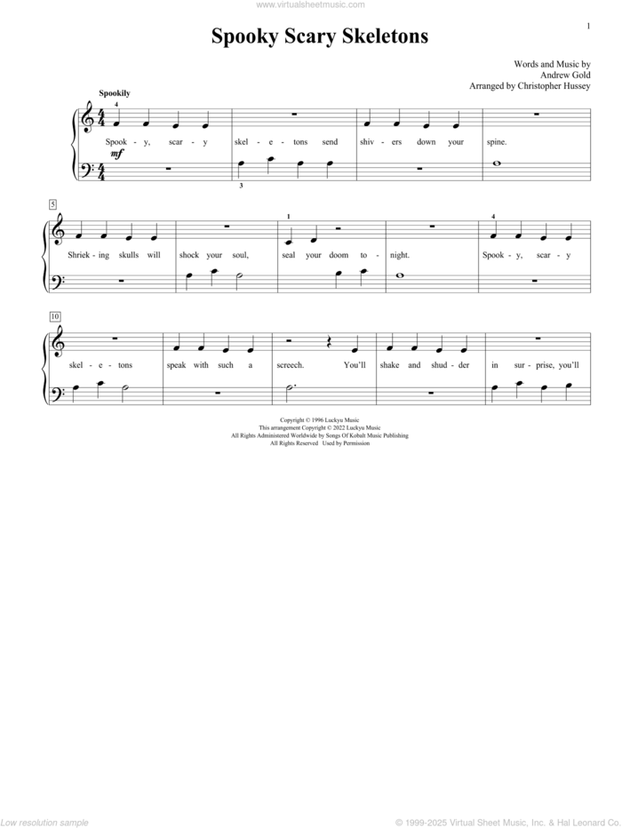 Spooky Scary Skeletons (arr. Christopher Hussey) sheet music for piano solo (elementary) by Andrew Gold and Christopher Hussey, classical score, beginner piano (elementary)