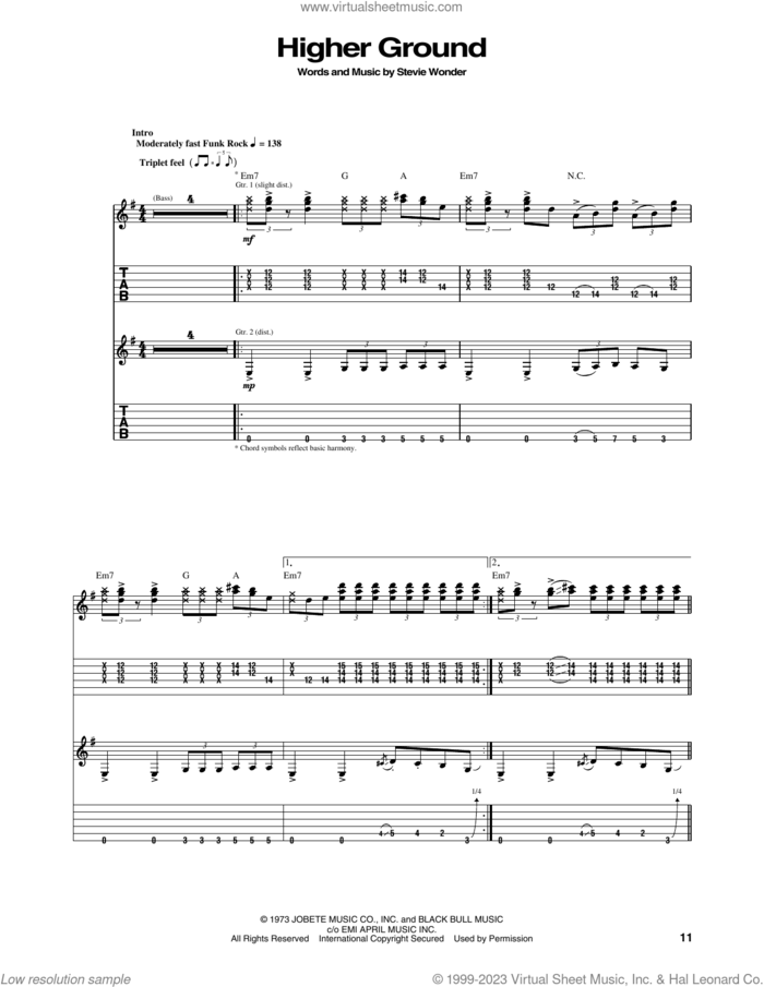 Higher Ground sheet music for guitar (tablature) by Red Hot Chili Peppers and Stevie Wonder, intermediate skill level