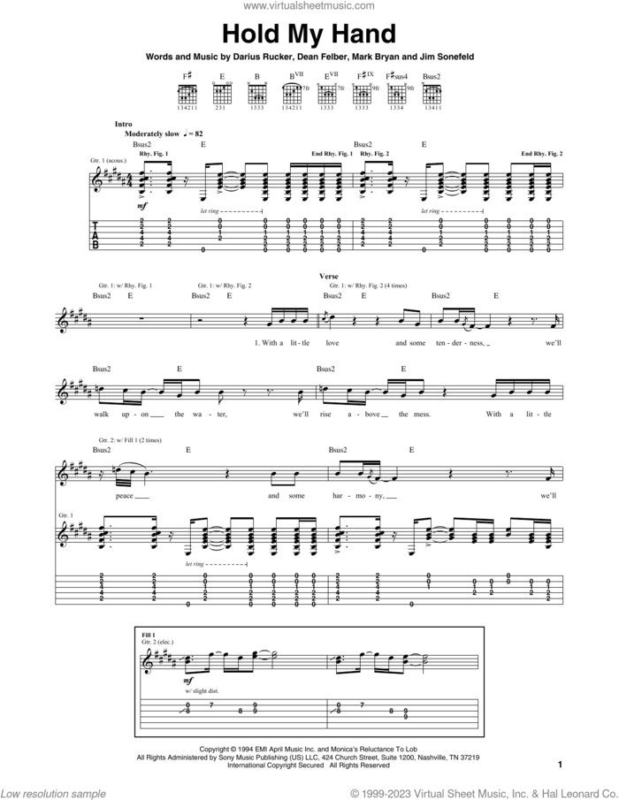 Hold My Hand sheet music for guitar (tablature) by Hootie & The Blowfish, Darius Rucker, Dean Felber, Jim Sonefeld and Mark Bryan, intermediate skill level