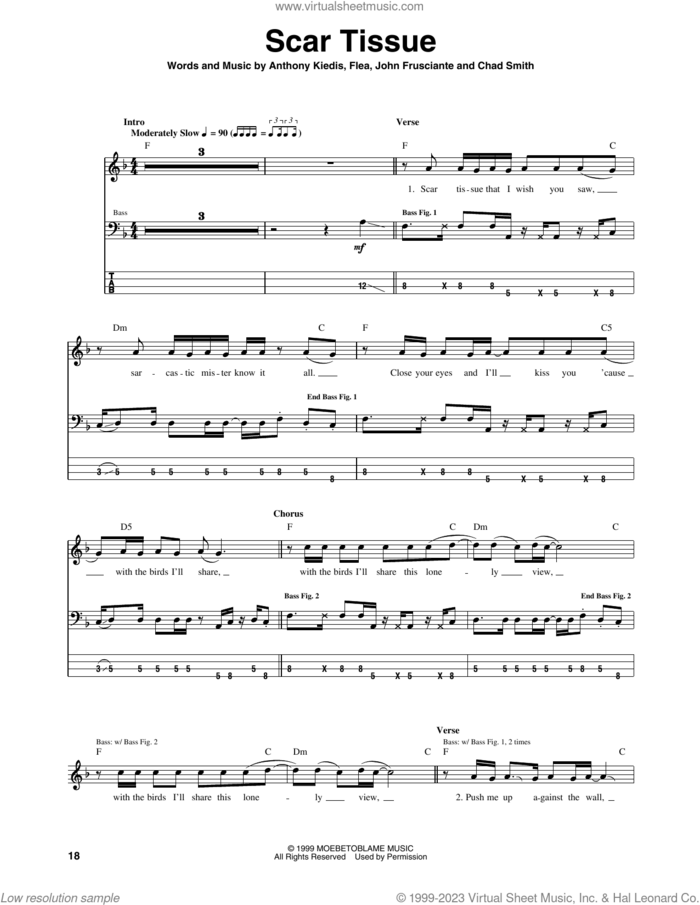 Scar Tissue sheet music for bass (tablature) (bass guitar) by Red Hot Chili Peppers, Anthony Kiedis, Chad Smith, Flea and John Frusciante, intermediate skill level
