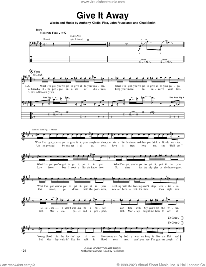 Give It Away sheet music for bass (tablature) (bass guitar) by Red Hot Chili Peppers, Anthony Kiedis, Chad Smith, Flea and John Frusciante, intermediate skill level