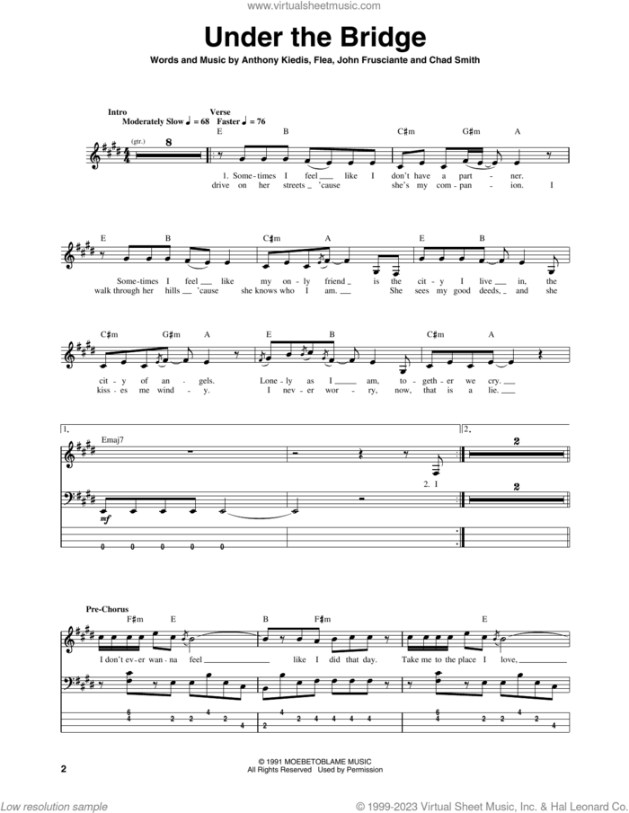 Under The Bridge sheet music for bass (tablature) (bass guitar) by Red Hot Chili Peppers, Anthony Kiedis, Chad Smith, Flea and John Frusciante, intermediate skill level