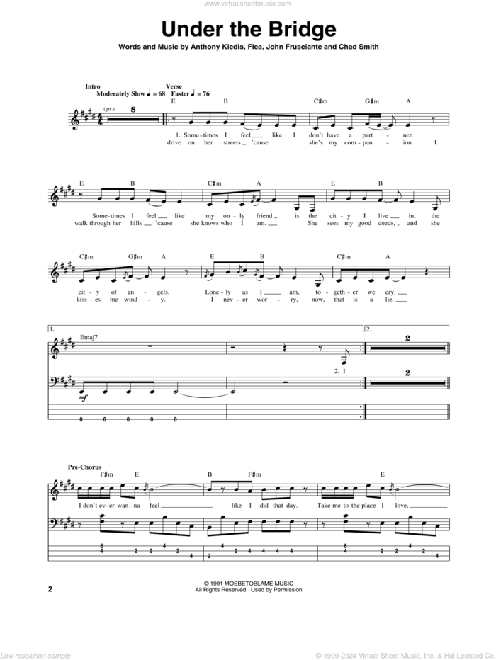 Under The Bridge sheet music for bass (tablature) (bass guitar) by Red Hot Chili Peppers, Anthony Kiedis, Chad Smith, Flea and John Frusciante, intermediate skill level