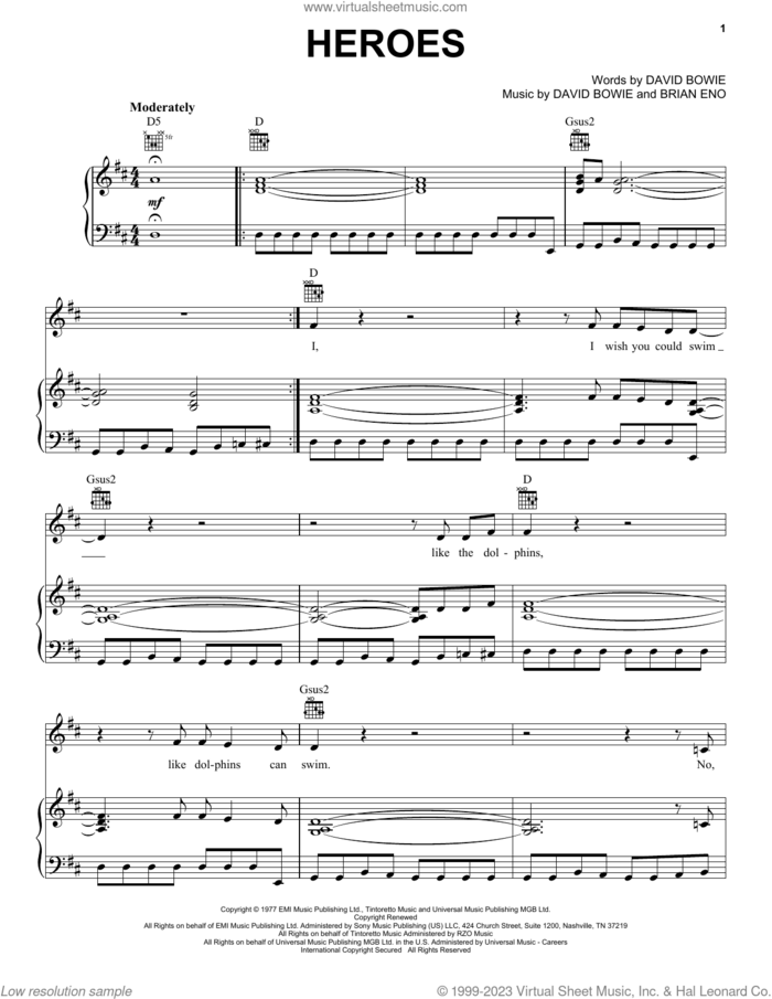 Heroes sheet music for voice, piano or guitar by David Bowie and Brian Eno, intermediate skill level