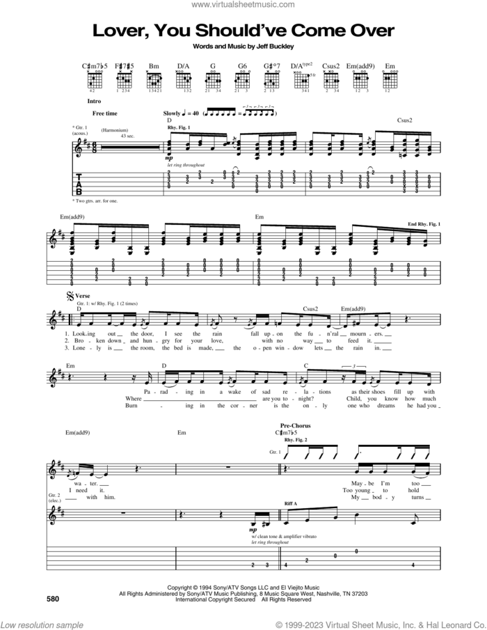 Lover, You Should've Come Over sheet music for guitar (tablature) by Jeff Buckley, intermediate skill level