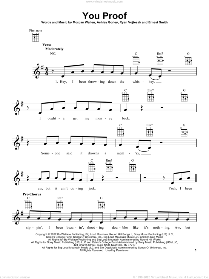 You Proof sheet music for ukulele by Morgan Wallen, Ashley Gorley, Ernest Smith, Jesse Frasure, Ryan Vojtesak, Shane McAnally and Thomas Rhett, intermediate skill level