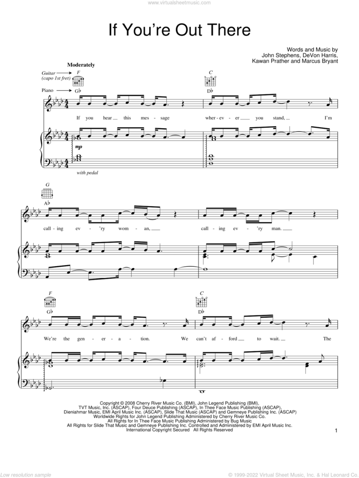 If You're Out There sheet music for voice, piano or guitar by John Legend, DeVon Harris, John Stephens, Kawan Prather and Marcus Bryant, intermediate skill level