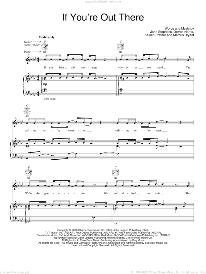 If You're Out There sheet music for voice, piano or guitar by John Legend, DeVon Harris, John Stephens, Kawan Prather and Marcus Bryant, intermediate skill level