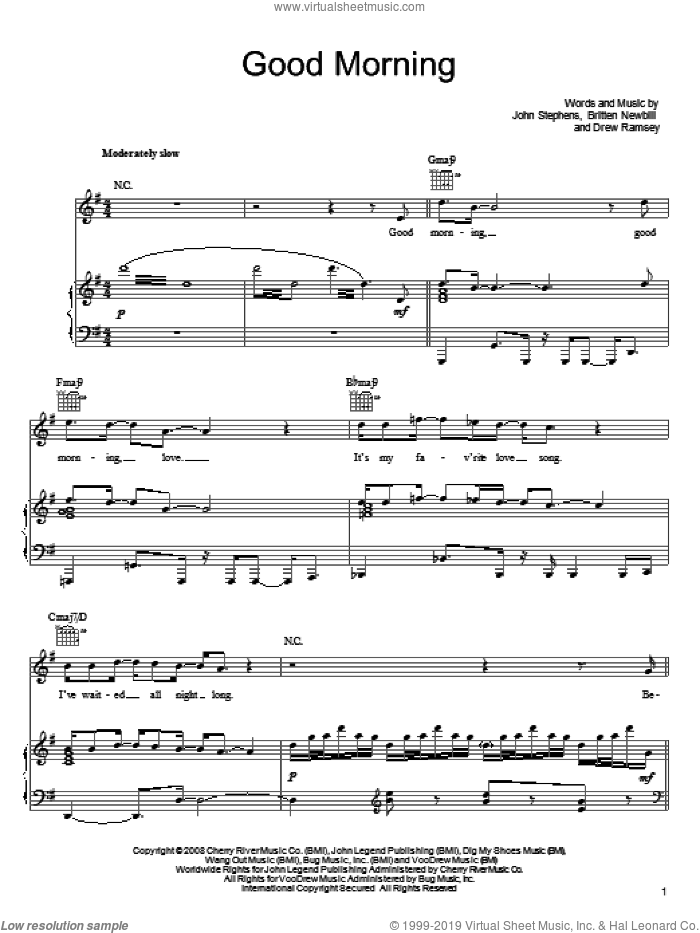 Good Morning sheet music for voice, piano or guitar by John Legend, Britten Newbill, Drew Ramsey and John Stephens, intermediate skill level