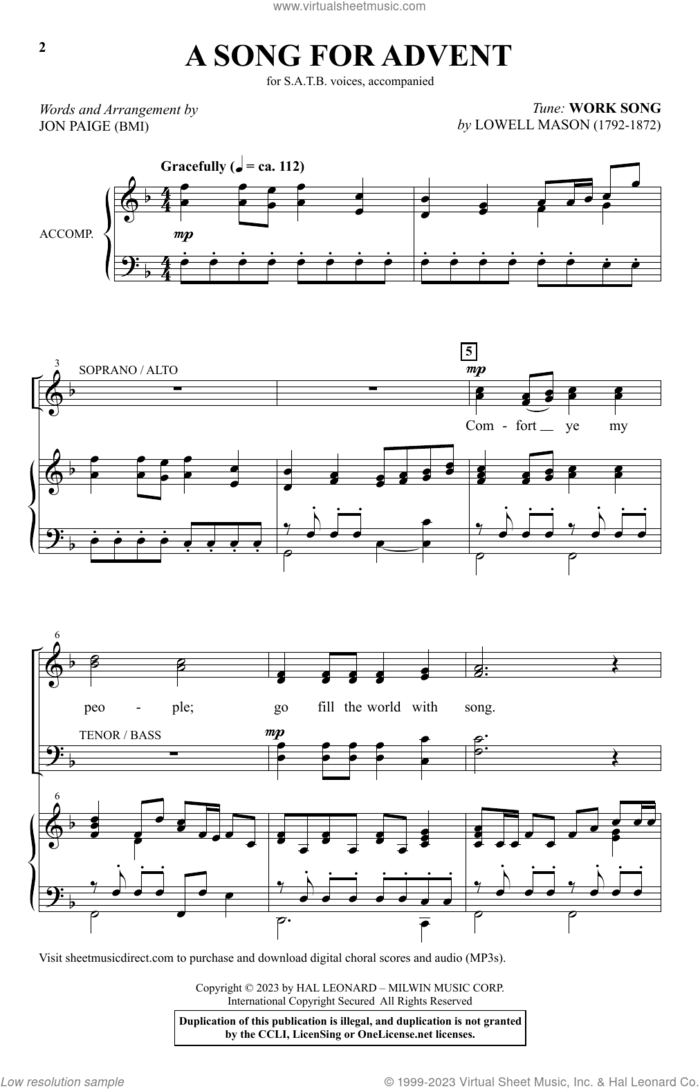 A Song For Advent sheet music for choir (SATB: soprano, alto, tenor, bass) by Lowell Mason and Jon Paige, intermediate skill level