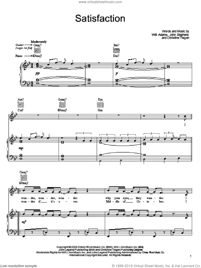 Satisfaction sheet music for voice, piano or guitar by John Legend, Christine Tiegen, John Stephens and Will Adams, intermediate skill level