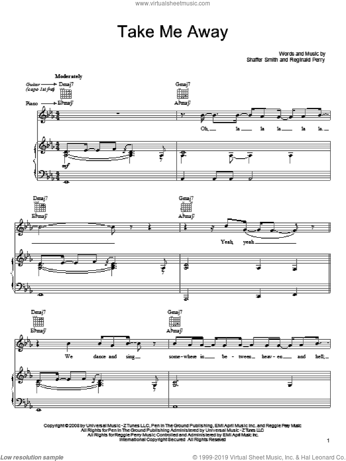 Take Me Away sheet music for voice, piano or guitar by John Legend, Reginald Perry and Shaffer Smith, intermediate skill level