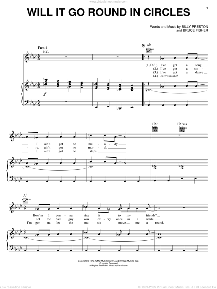 Will It Go Round In Circles sheet music for voice, piano or guitar by Billy Preston and Bruce Fisher, intermediate skill level