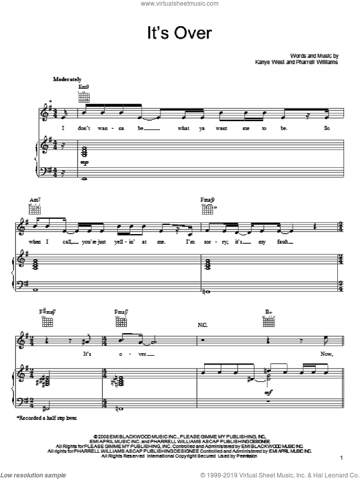 It's Over sheet music for voice, piano or guitar by John Legend, Kanye West and Pharrell Williams, intermediate skill level