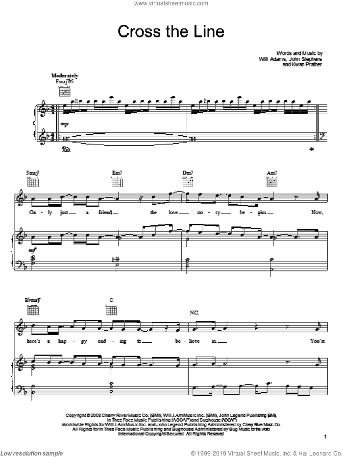 Cross The Line sheet music for voice, piano or guitar by John Legend, John Stephens, Kawan Prather and Will Adams, intermediate skill level