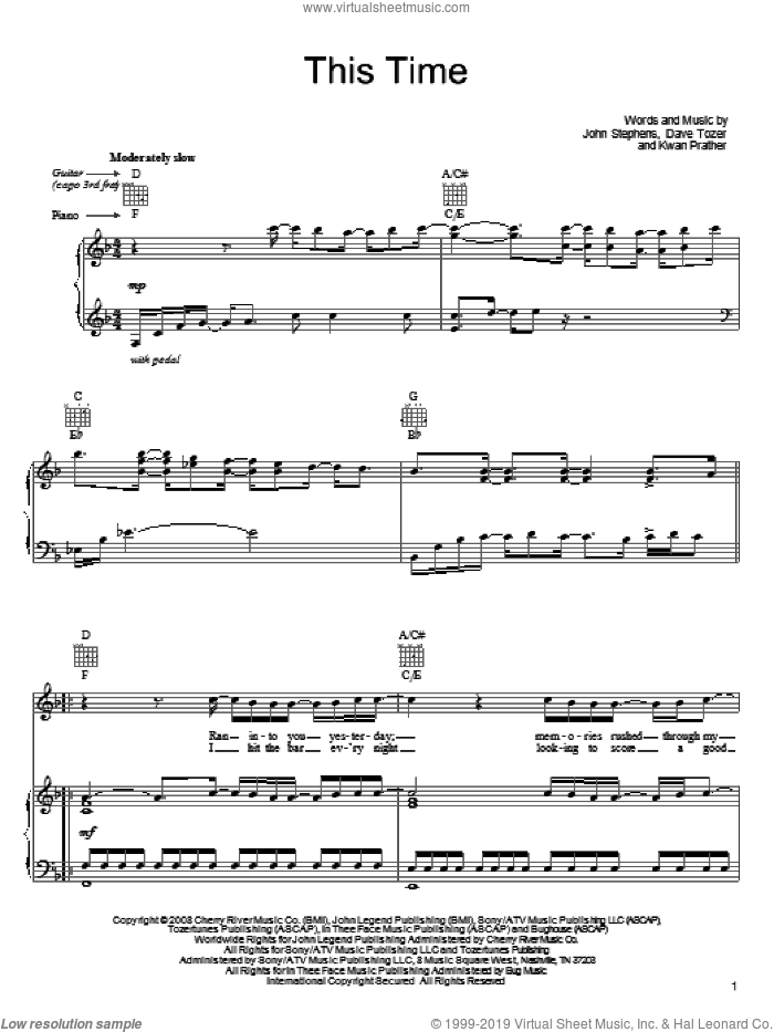 This Time sheet music for voice, piano or guitar by John Legend, Dave Tozer, John Stephens and Kawan Prather, intermediate skill level