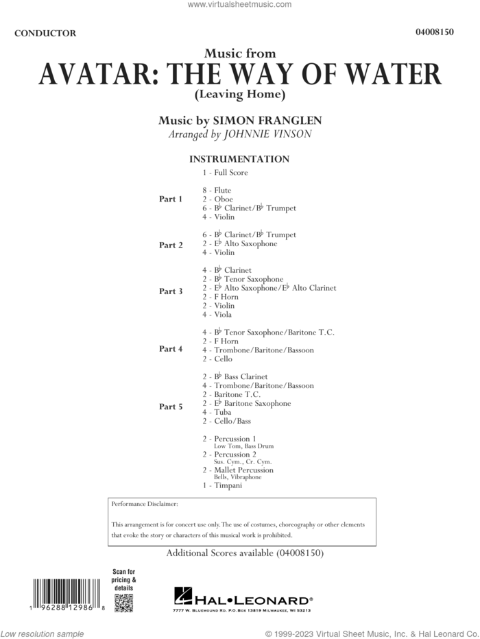 Music from Avatar: The Way Of Water (Leaving Home) (arr. Vinson) sheet music for concert band (full score) by Simon Franglen and Johnnie Vinson, intermediate skill level