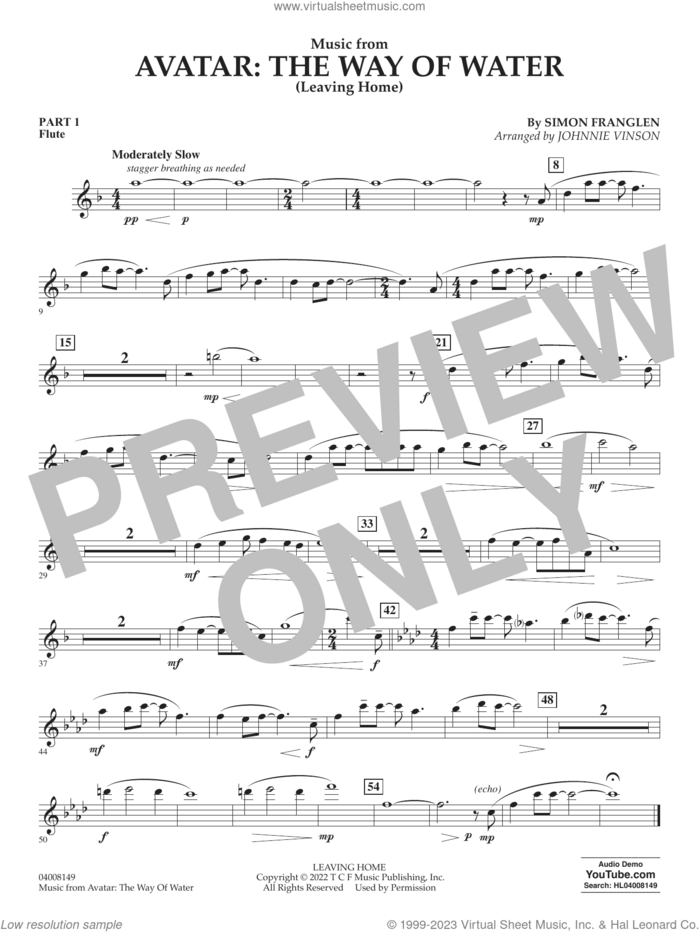 Music from Avatar: The Way Of Water (Leaving Home) (arr. Vinson) sheet music for concert band (part 1 - flute) by Simon Franglen and Johnnie Vinson, intermediate skill level
