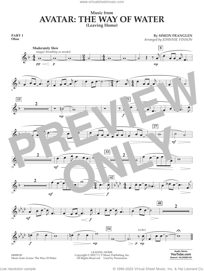 Music from Avatar: The Way Of Water (Leaving Home) (arr. Vinson) sheet music for concert band (part 1 - oboe) by Simon Franglen and Johnnie Vinson, intermediate skill level