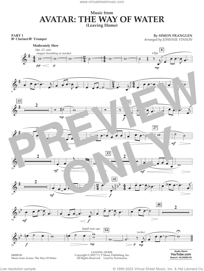 Music from Avatar: The Way Of Water (Leaving Home) (arr. Vinson) sheet music for concert band (Bb clarinet/bb trumpet) by Simon Franglen and Johnnie Vinson, intermediate skill level