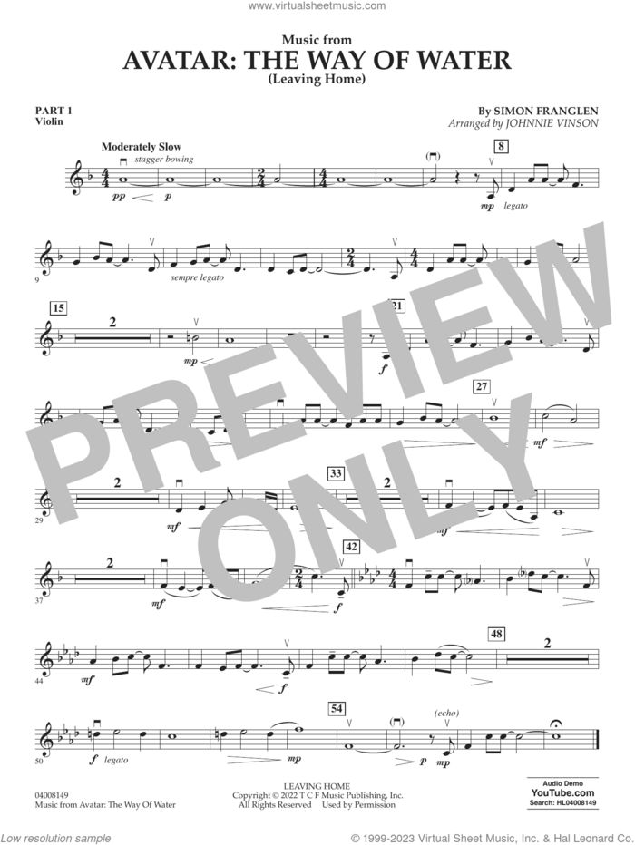 Music from Avatar: The Way Of Water (Leaving Home) (arr. Vinson) sheet music for concert band (pt.1 - violin) by Simon Franglen and Johnnie Vinson, intermediate skill level