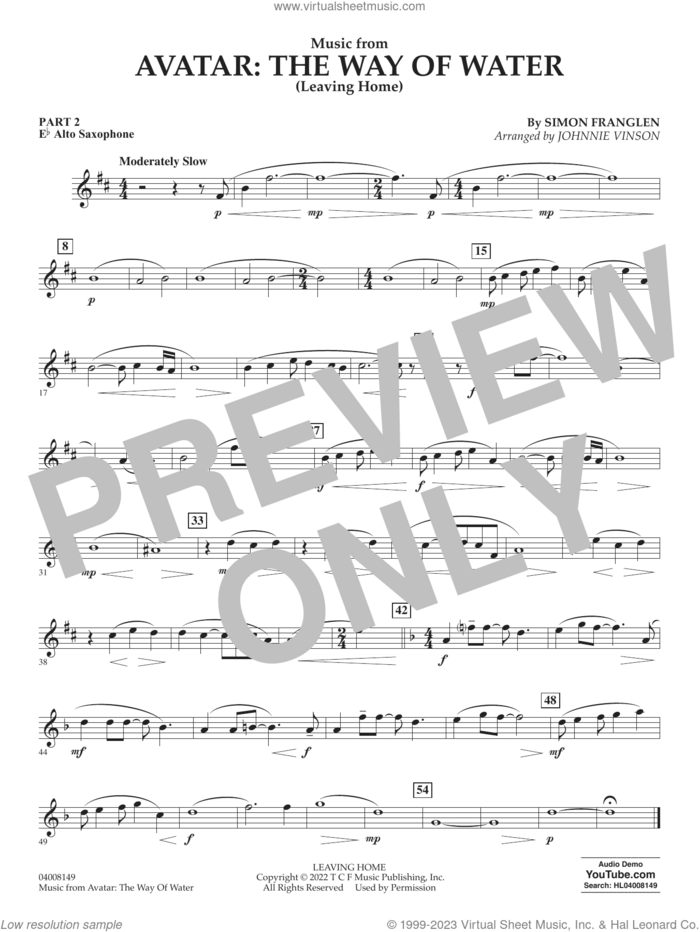 Music from Avatar: The Way Of Water (Leaving Home) (arr. Vinson) sheet music for concert band (part 2 - alto sax) by Simon Franglen and Johnnie Vinson, intermediate skill level