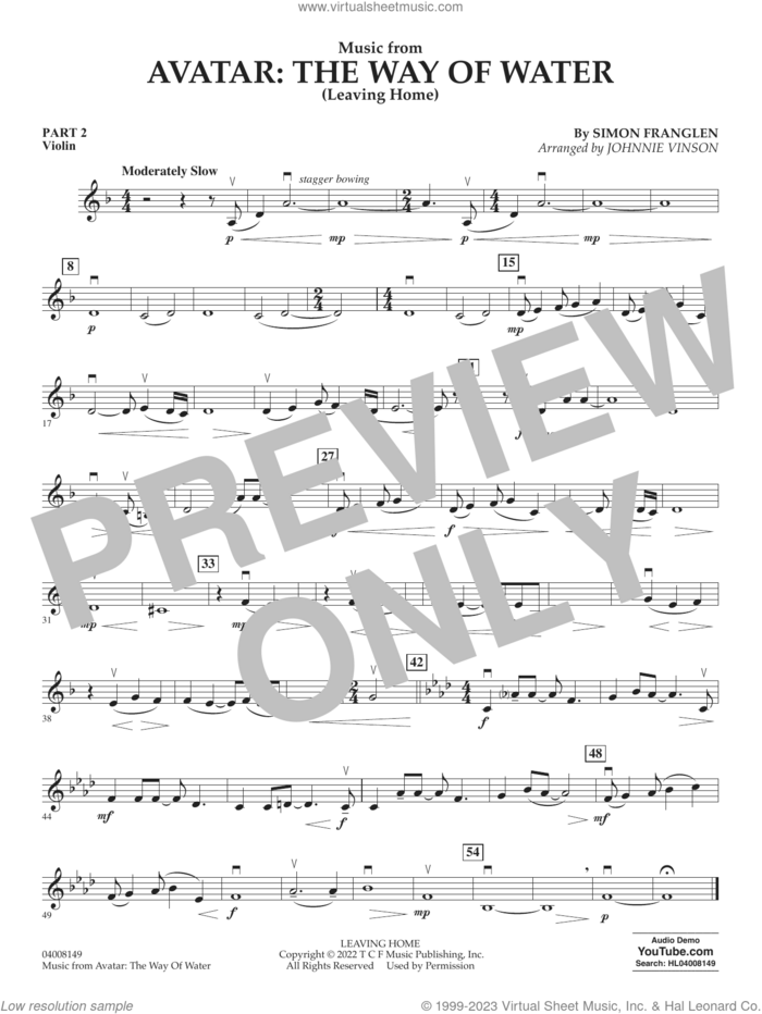 Music from Avatar: The Way Of Water (Leaving Home) (arr. Vinson) sheet music for concert band (pt.2 - violin) by Simon Franglen and Johnnie Vinson, intermediate skill level