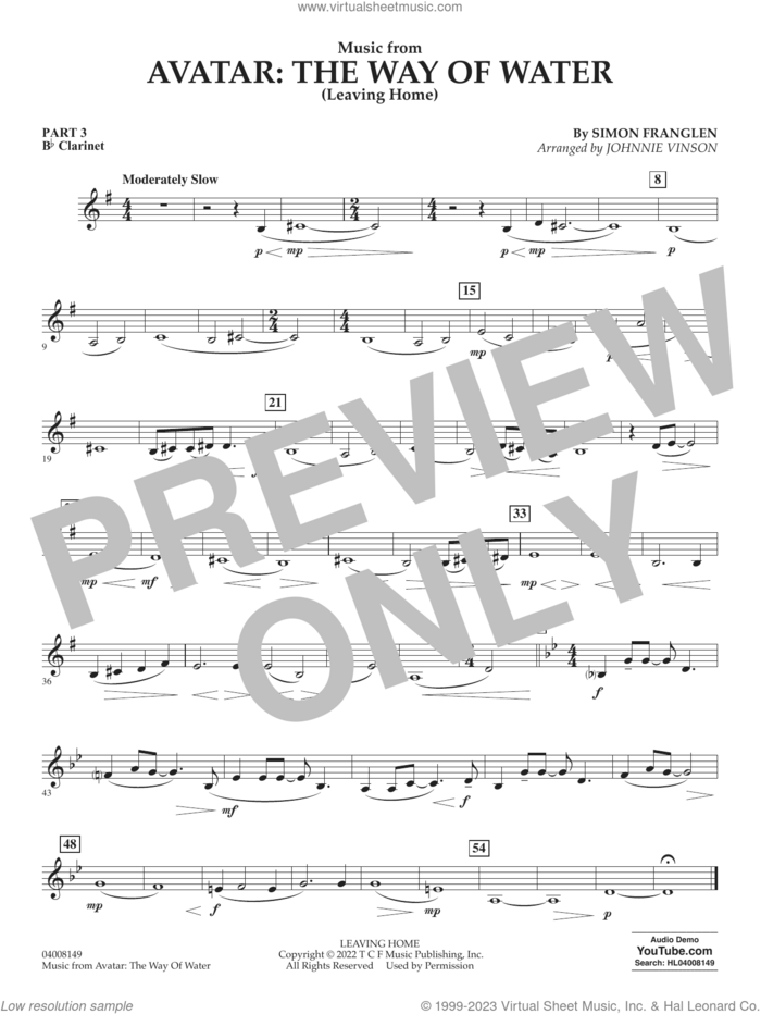Music from Avatar: The Way Of Water (Leaving Home) (arr. Vinson) sheet music for concert band (part 3 - Bb clarinet) by Simon Franglen and Johnnie Vinson, intermediate skill level