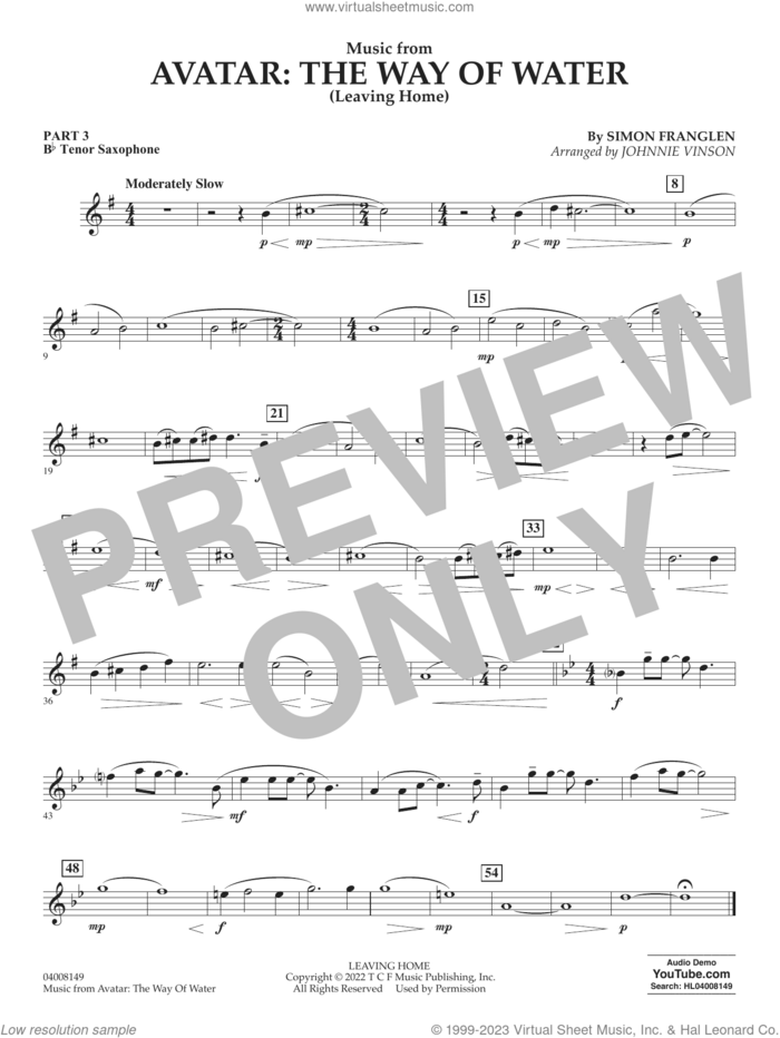 Music from Avatar: The Way Of Water (Leaving Home) (arr. Vinson) sheet music for concert band (part 3 - Bb tenor saxophone) by Simon Franglen and Johnnie Vinson, intermediate skill level