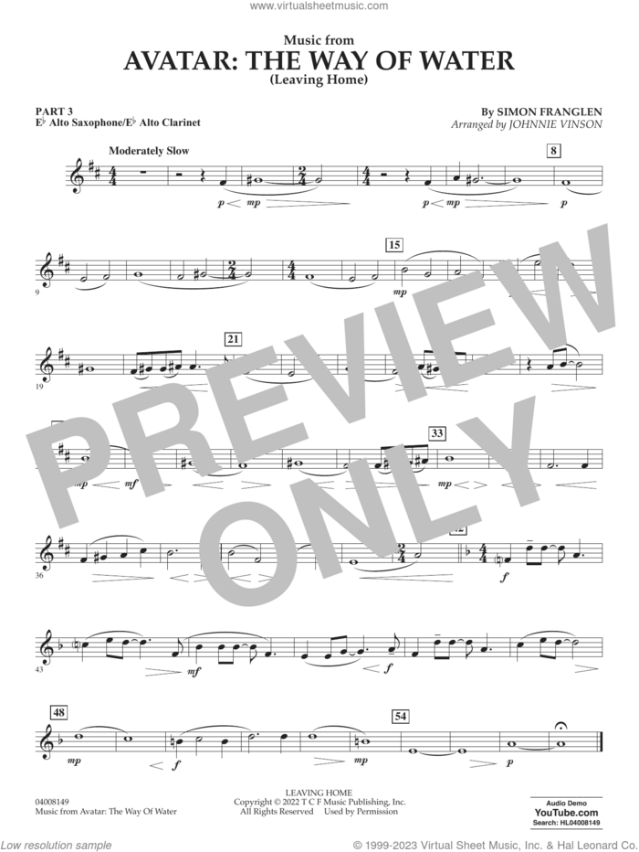 Music from Avatar: The Way Of Water (Leaving Home) (arr. Vinson) sheet music for concert band (Eb alto sax/alto clar.) by Simon Franglen and Johnnie Vinson, intermediate skill level