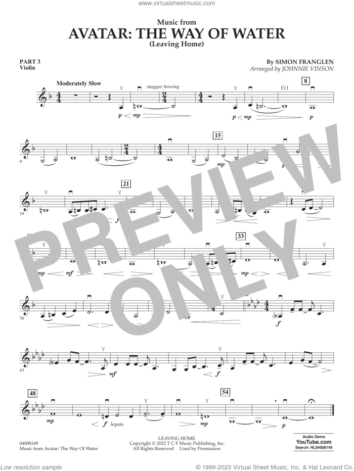 Music from Avatar: The Way Of Water (Leaving Home) (arr. Vinson) sheet music for concert band (pt.3 - violin) by Simon Franglen and Johnnie Vinson, intermediate skill level