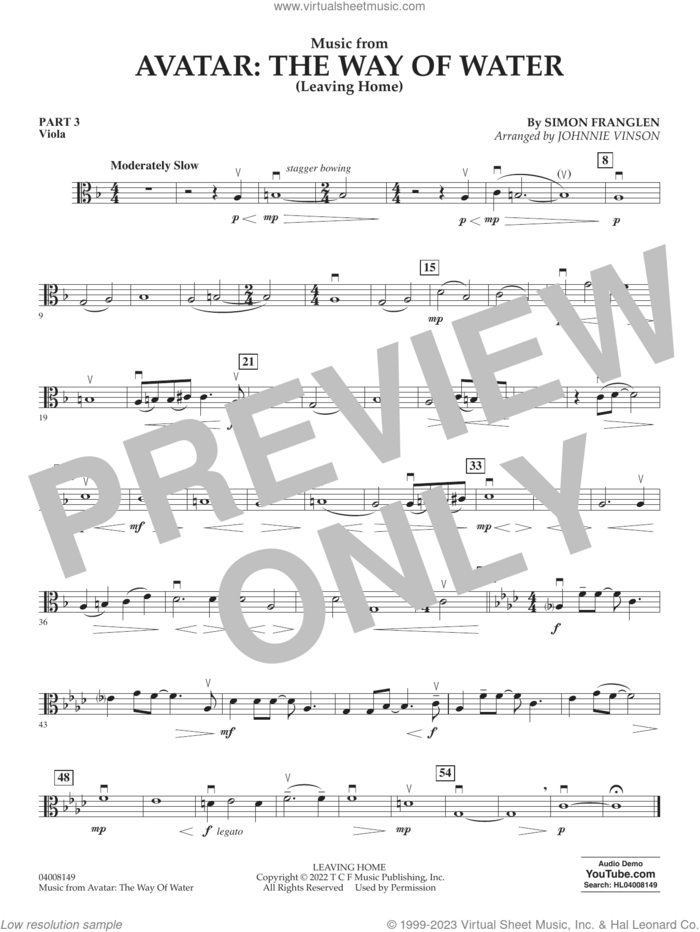 Music from Avatar: The Way Of Water (Leaving Home) (arr. Vinson) sheet music for concert band (pt.3 - viola) by Simon Franglen and Johnnie Vinson, intermediate skill level