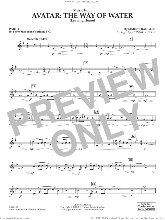 Music from Avatar: The Way Of Water (Leaving Home) (arr. Vinson) sheet music for concert band (Bb tenor sax/bar. t.c.) by Simon Franglen and Johnnie Vinson, intermediate skill level