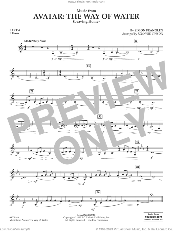 Music from Avatar: The Way Of Water (Leaving Home) (arr. Vinson) sheet music for concert band (pt. 4 horn) by Simon Franglen and Johnnie Vinson, intermediate skill level