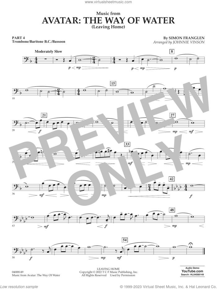 Music from Avatar: The Way Of Water (Leaving Home) (arr. Vinson) sheet music for concert band (trombone/bar. b.c./bsn.) by Simon Franglen and Johnnie Vinson, intermediate skill level