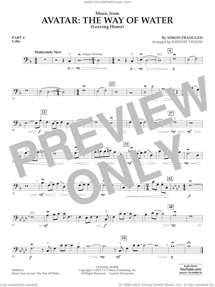 Music from Avatar: The Way Of Water (Leaving Home) (arr. Vinson) sheet music for concert band (pt.4 - cello) by Simon Franglen and Johnnie Vinson, intermediate skill level