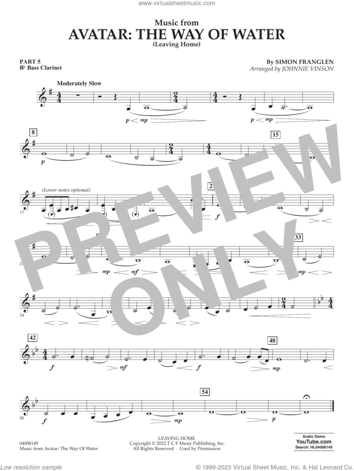 Music from Avatar: The Way Of Water (Leaving Home) (arr. Vinson) sheet music for concert band (pt.5 - Bb bass clarinet) by Simon Franglen and Johnnie Vinson, intermediate skill level