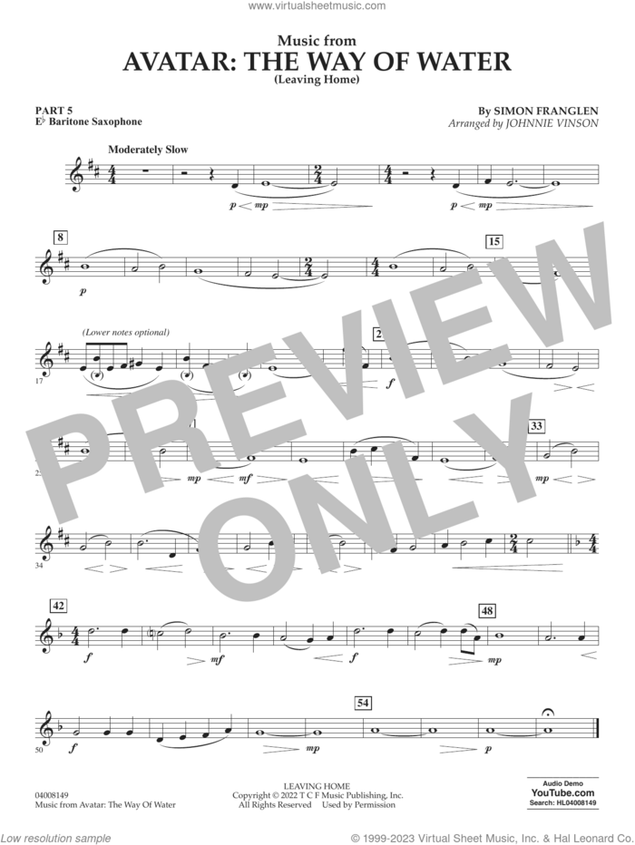 Music from Avatar: The Way Of Water (Leaving Home) (arr. Vinson) sheet music for concert band (pt.5 - Eb baritone saxophone) by Simon Franglen and Johnnie Vinson, intermediate skill level