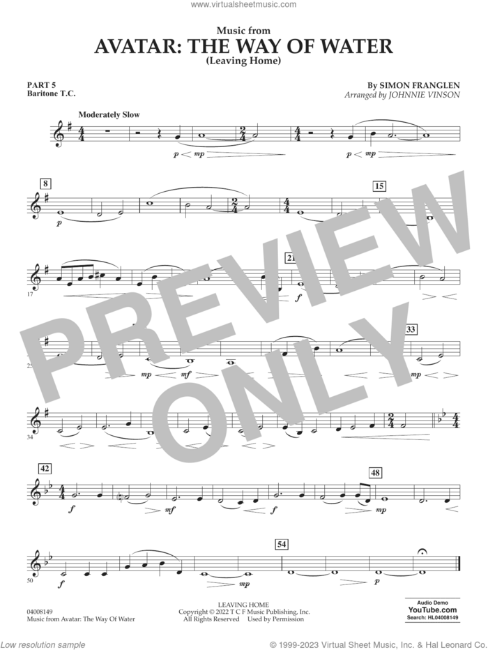 Music from Avatar: The Way Of Water (Leaving Home) (arr. Vinson) sheet music for concert band (pt.5 - baritone t.c.) by Simon Franglen and Johnnie Vinson, intermediate skill level