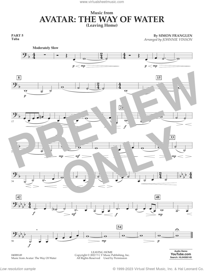 Music from Avatar: The Way Of Water (Leaving Home) (arr. Vinson) sheet music for concert band (pt.5 - tuba) by Simon Franglen and Johnnie Vinson, intermediate skill level