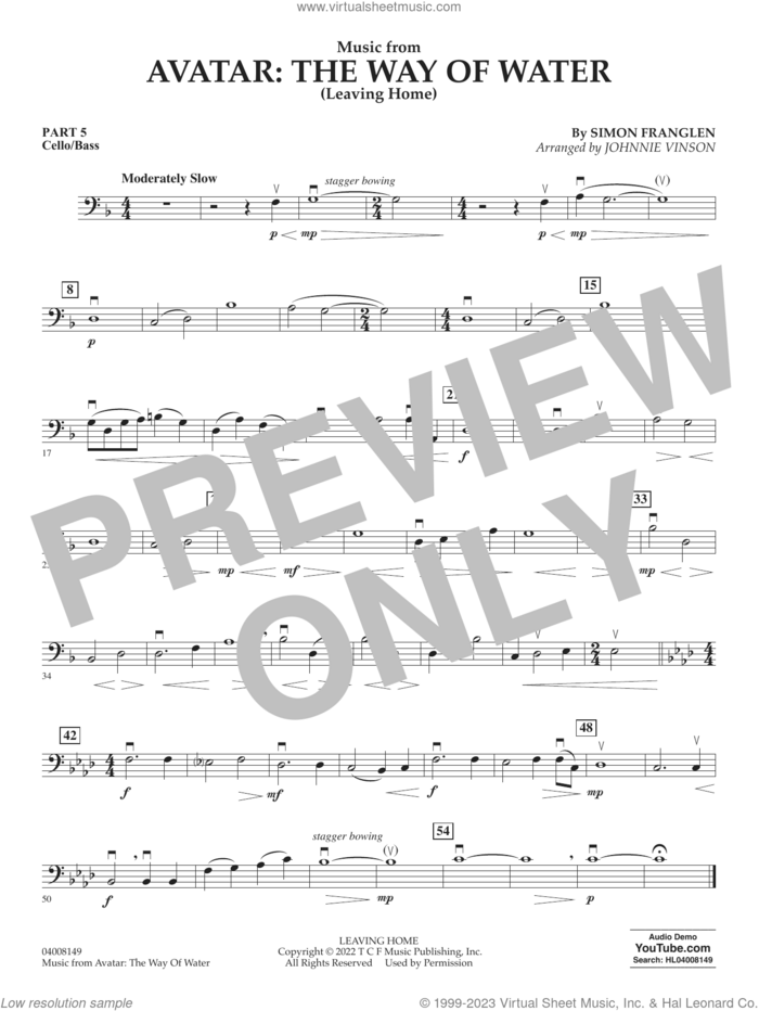 Music from Avatar: The Way Of Water (Leaving Home) (arr. Vinson) sheet music for concert band (cello/bass) by Simon Franglen and Johnnie Vinson, intermediate skill level