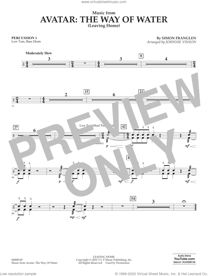 Music from Avatar: The Way Of Water (Leaving Home) (arr. Vinson) sheet music for concert band (percussion 1) by Simon Franglen and Johnnie Vinson, intermediate skill level
