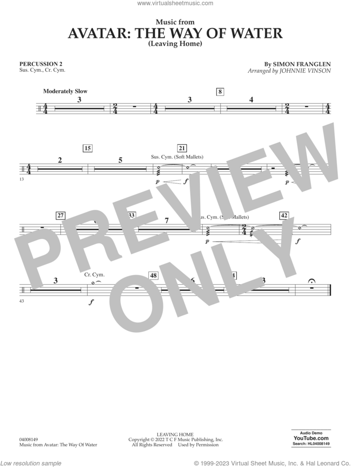 Music from Avatar: The Way Of Water (Leaving Home) (arr. Vinson) sheet music for concert band (percussion 2) by Simon Franglen and Johnnie Vinson, intermediate skill level