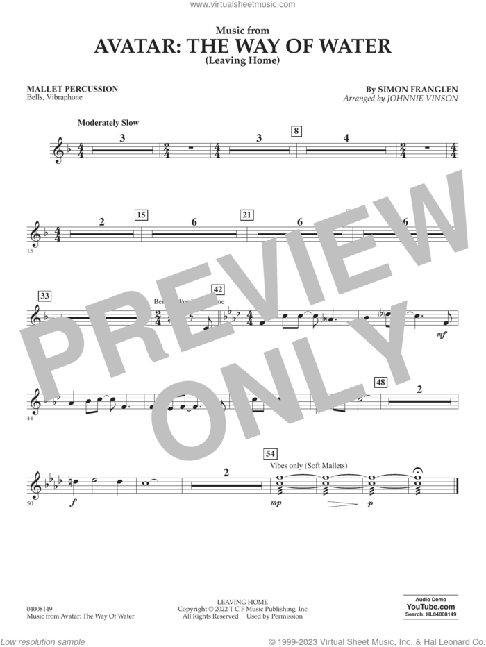 Music from Avatar: The Way Of Water (Leaving Home) (arr. Vinson) sheet music for concert band (mallet percussion) by Simon Franglen and Johnnie Vinson, intermediate skill level