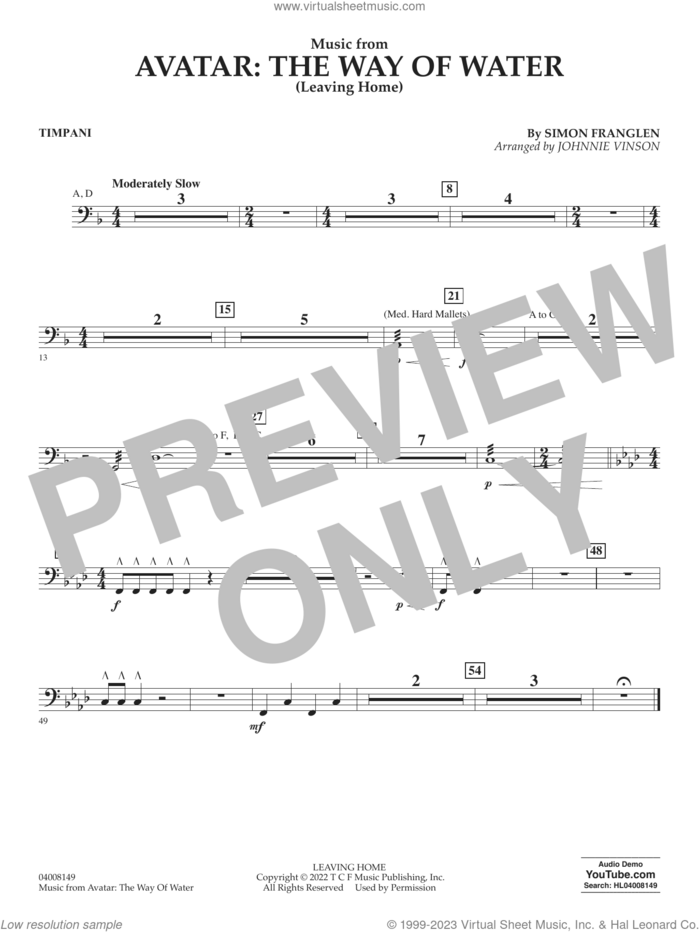 Music from Avatar: The Way Of Water (Leaving Home) (arr. Vinson) sheet music for concert band (timpani) by Simon Franglen and Johnnie Vinson, intermediate skill level