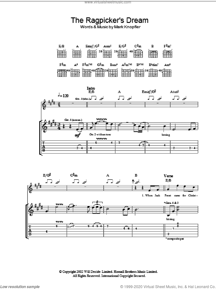 The Ragpicker's Dream sheet music for guitar (tablature) by Mark Knopfler, intermediate skill level
