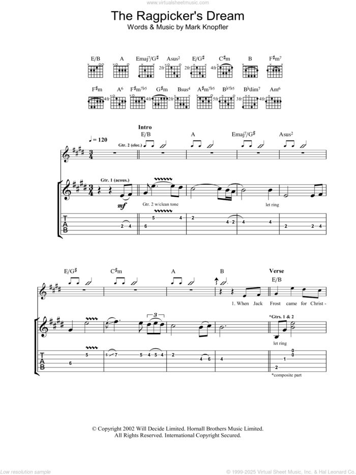 The Ragpicker's Dream sheet music for guitar (tablature) by Mark Knopfler, intermediate skill level